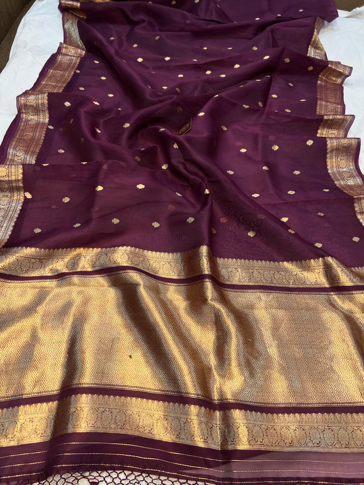 Wine Banarasi Handloom Kora Silk Saree - Aura Benaras