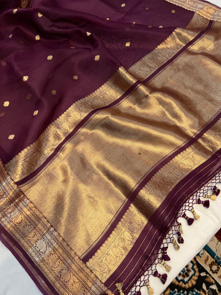 Wine Banarasi Handloom Kora Silk Saree - Aura Benaras