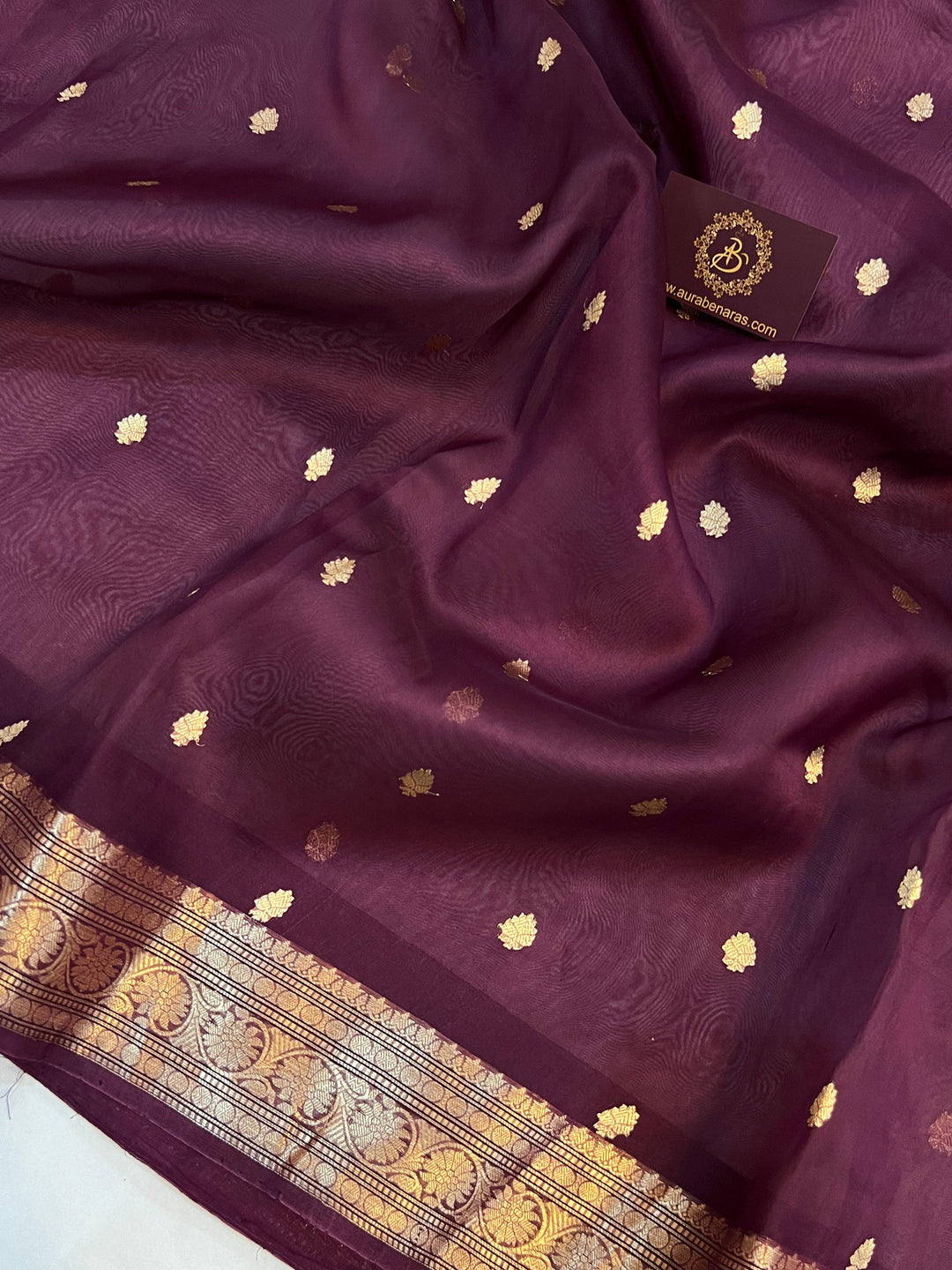Wine Banarasi Handloom Kora Silk Saree - Aura Benaras
