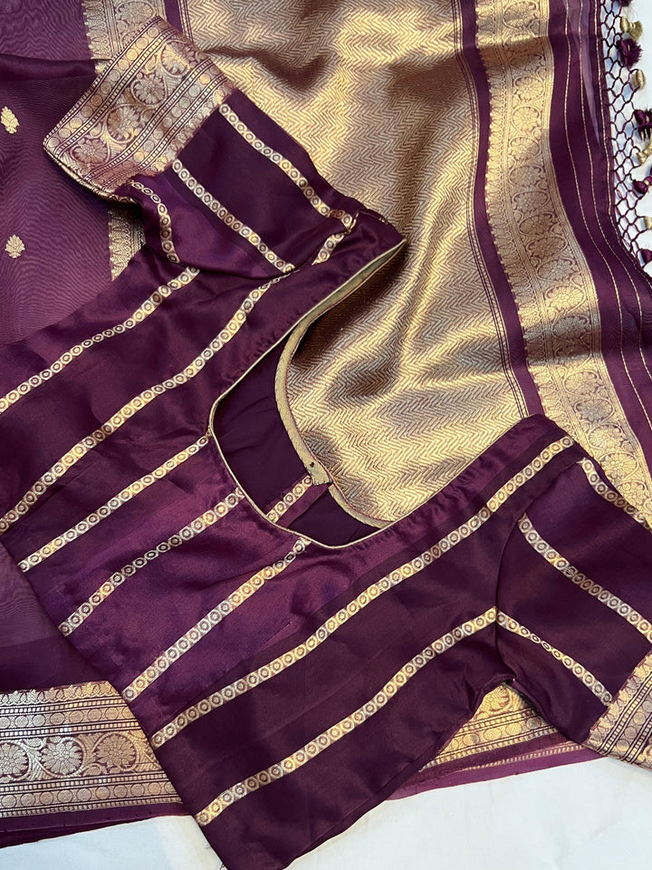 Wine Banarasi Handloom Kora Silk Saree - Aura Benaras