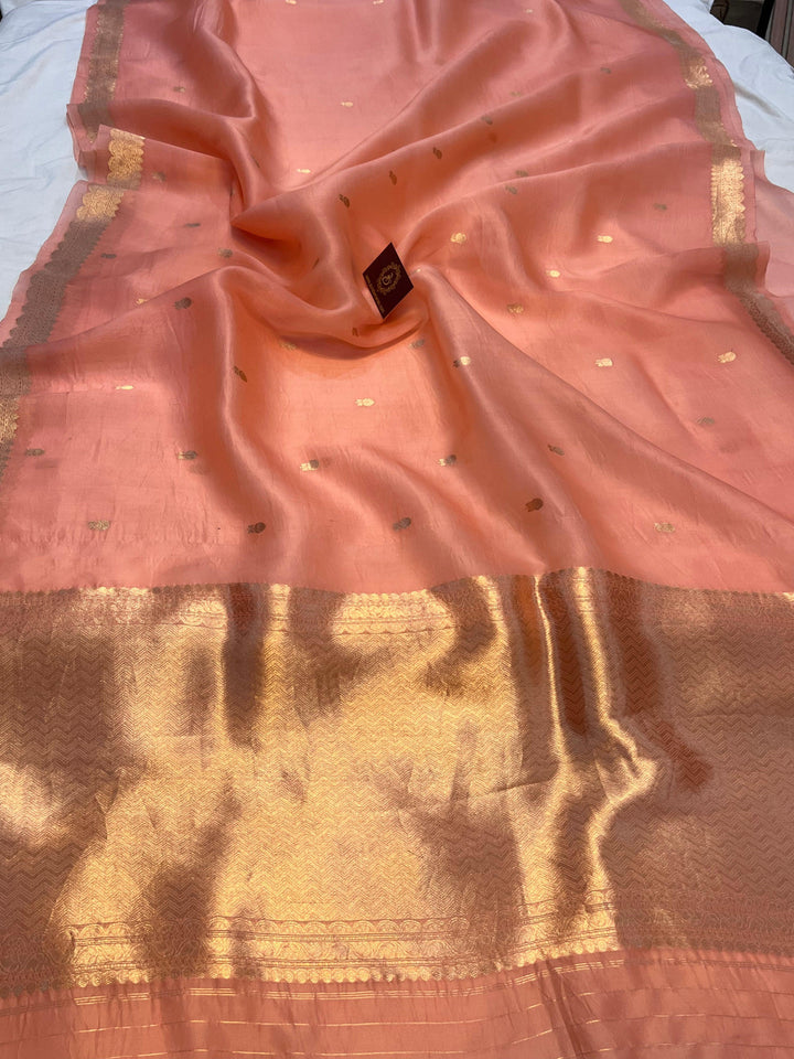 Pure Kora Silk Handloom Banarasi Saree draped with golden zari butis and sleek Banarasi border, woven using Kadhwa technique