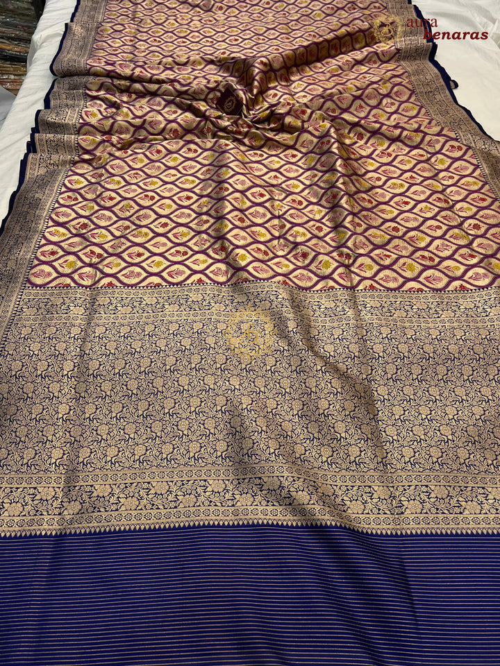 Buy Navy Blue Rangkaat Banarasi Katan Silk Saree - AuraBenaras