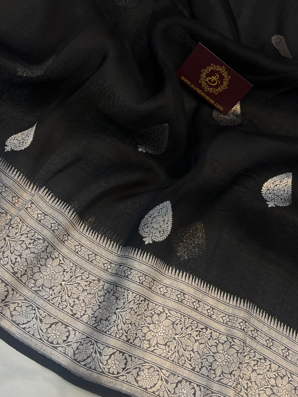 Black Banarasi Handloom Kora Silk Saree - Aura Benaras