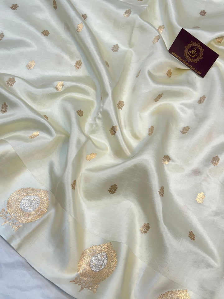 Cream Pure Banarasi Handloom Silk Saree - Aura Benaras