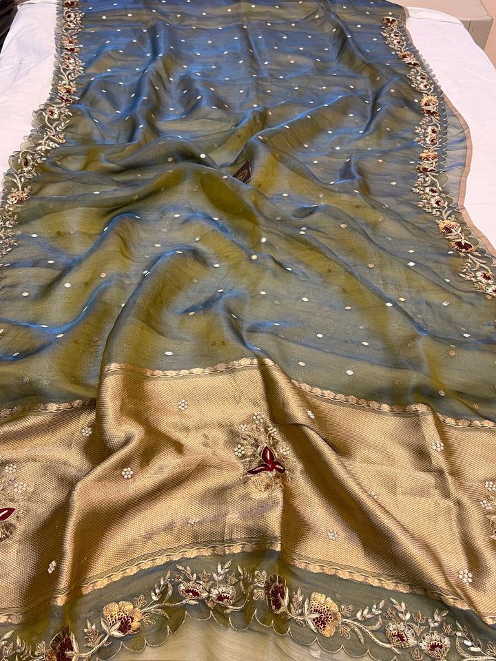 Olive Green Pure Tissue Silk Handloom Banarasi Saree