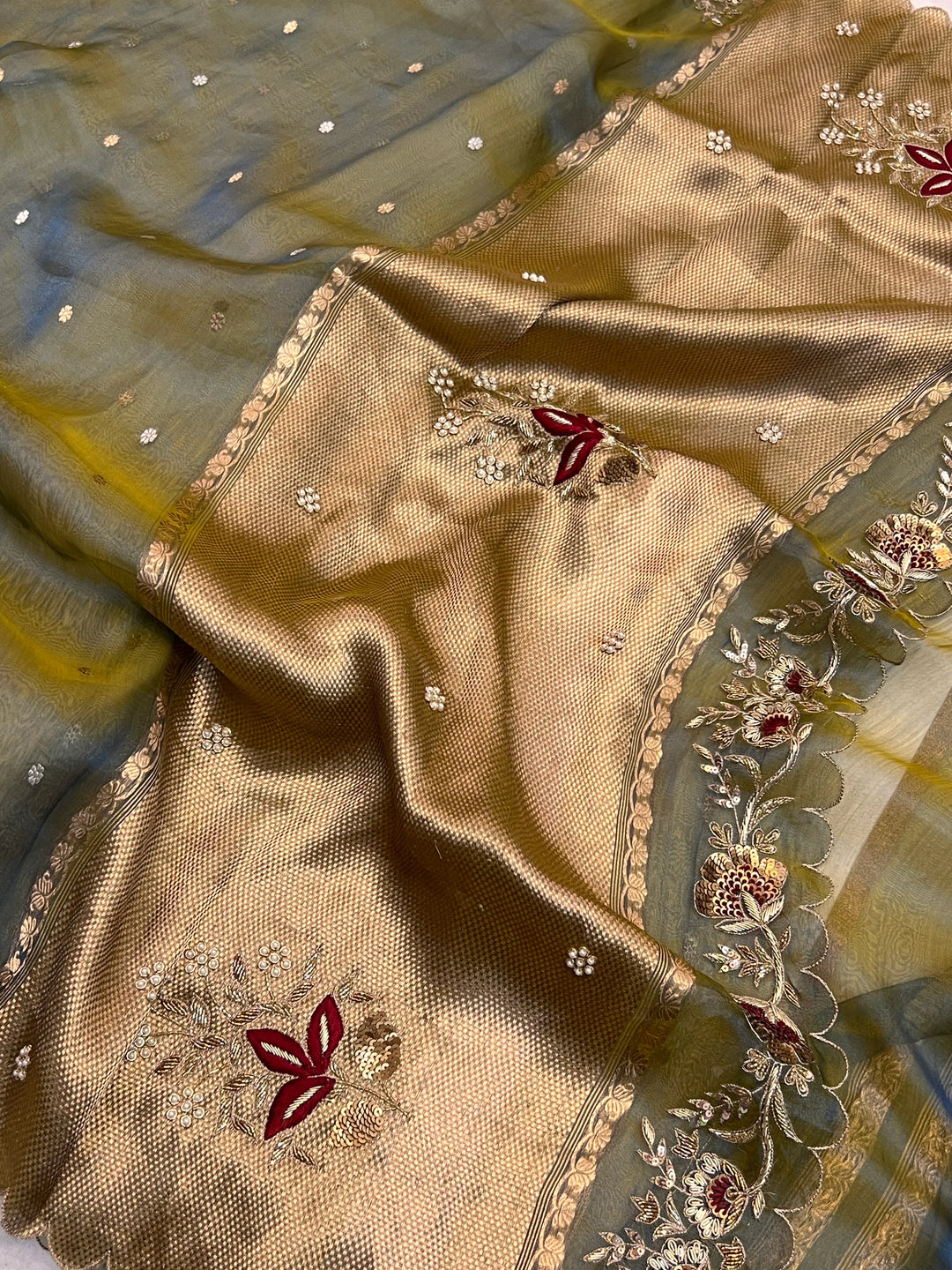 Olive Green Pure Tissue Silk Handloom Banarasi Saree