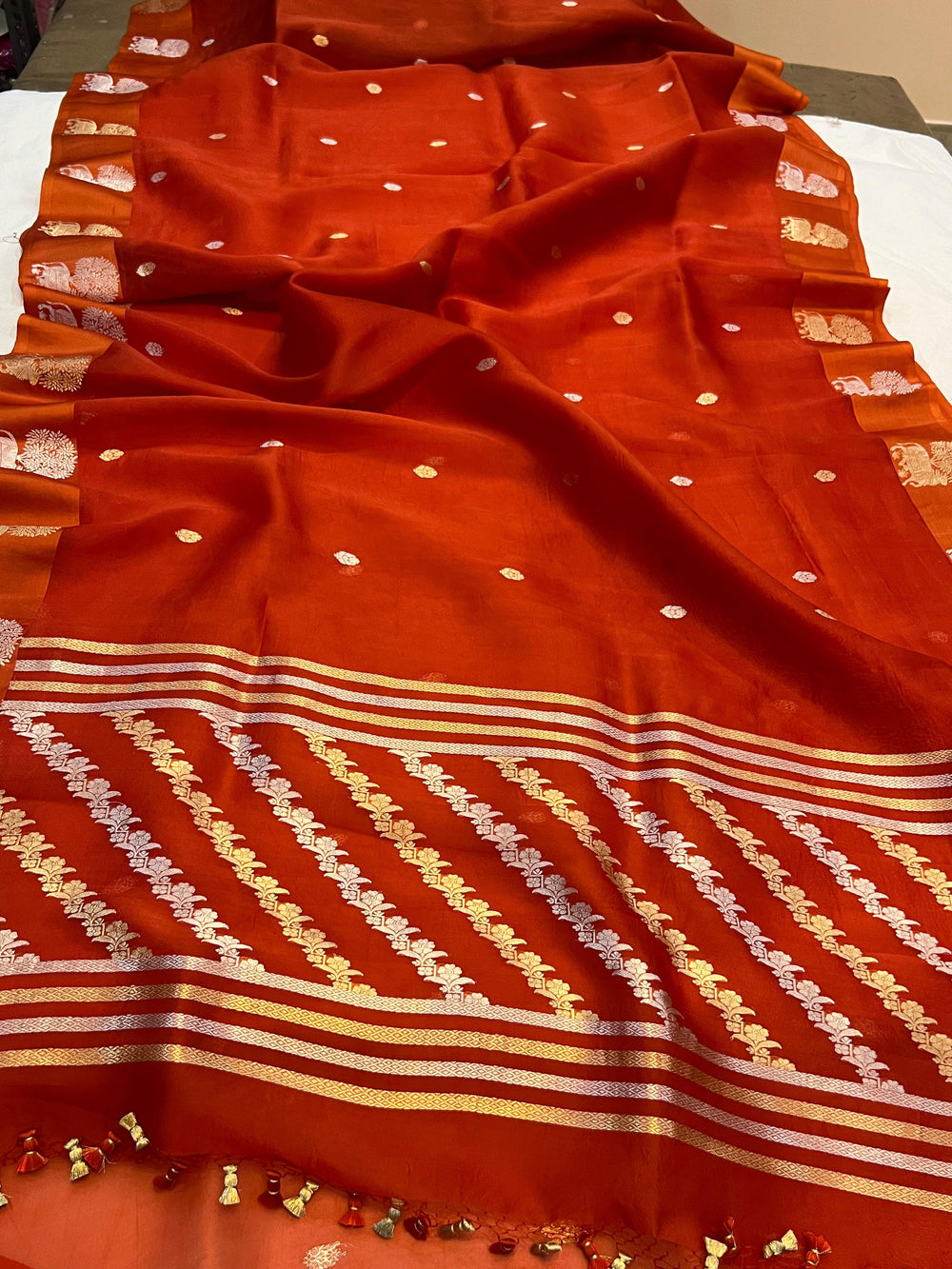 Orange Pure Banarasi Handloom Kora Silk Saree - Aura Benaras