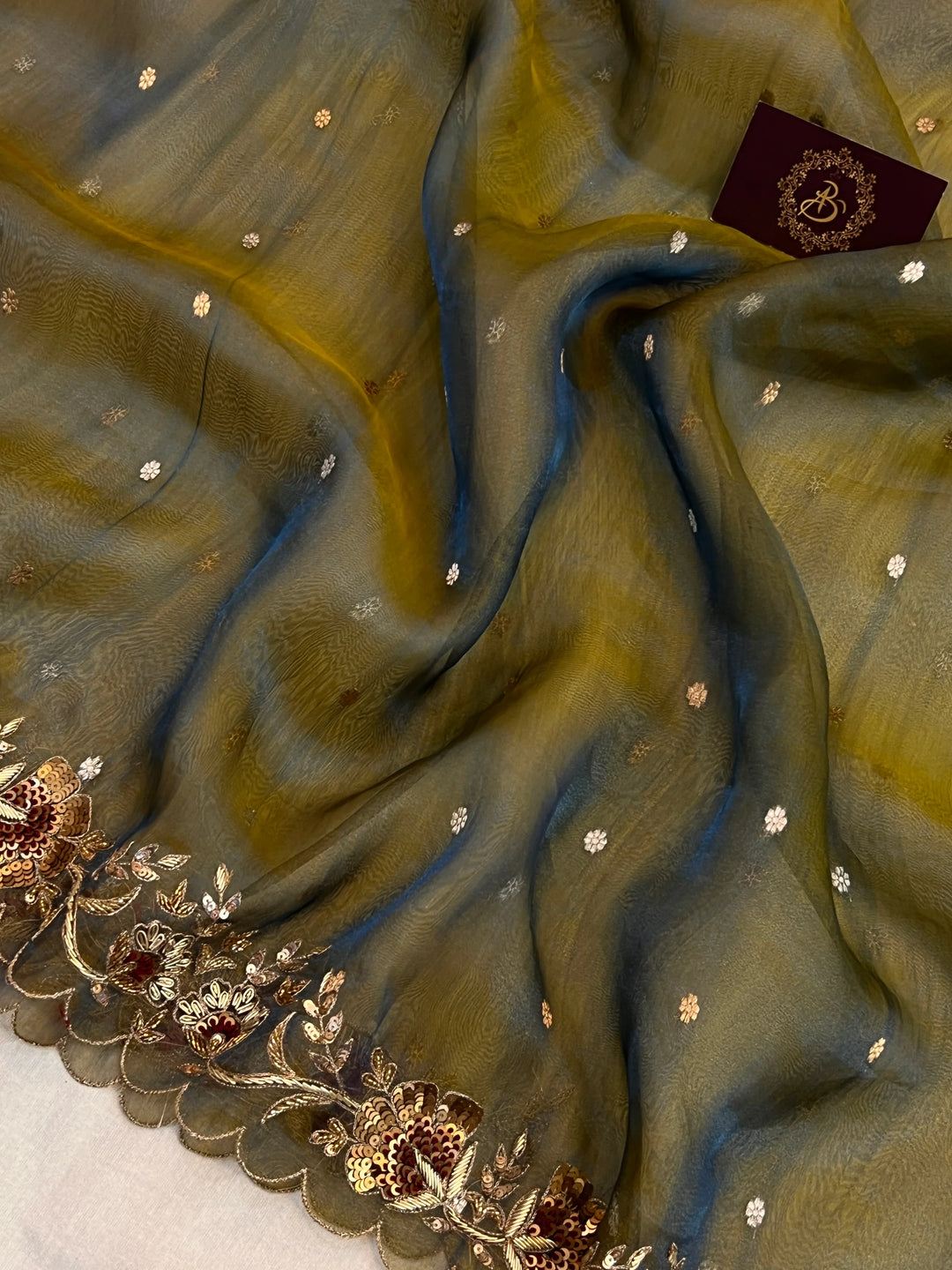 Olive Green Pure Tissue Silk Handloom Banarasi Saree