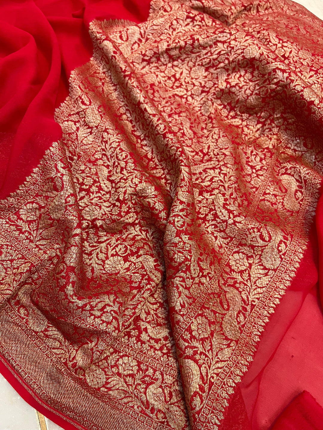 Red Pure Banarasi Khaddi Georgette Saree - Aura Benaras
