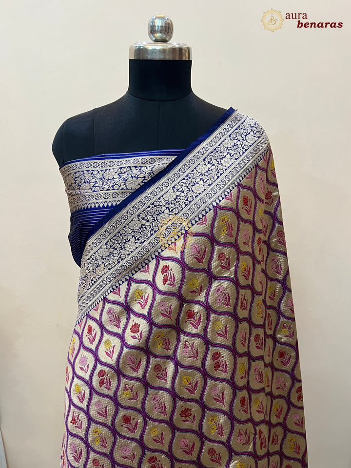 Buy Navy Blue Rangkaat Banarasi Katan Silk Saree - AuraBenaras