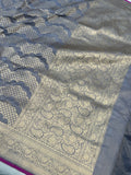 Greyish Blue Pure Banarasi Handloom Katan Silk Saree - Aura Benaras