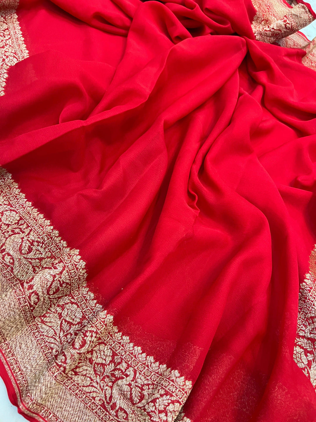 Red Pure Banarasi Khaddi Georgette Saree - Aura Benaras