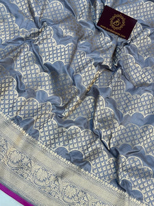 Greyish Blue Pure Banarasi Handloom Katan Silk Saree - Aura Benaras