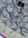 Greyish Blue Pure Banarasi Handloom Katan Silk Saree - Aura Benaras