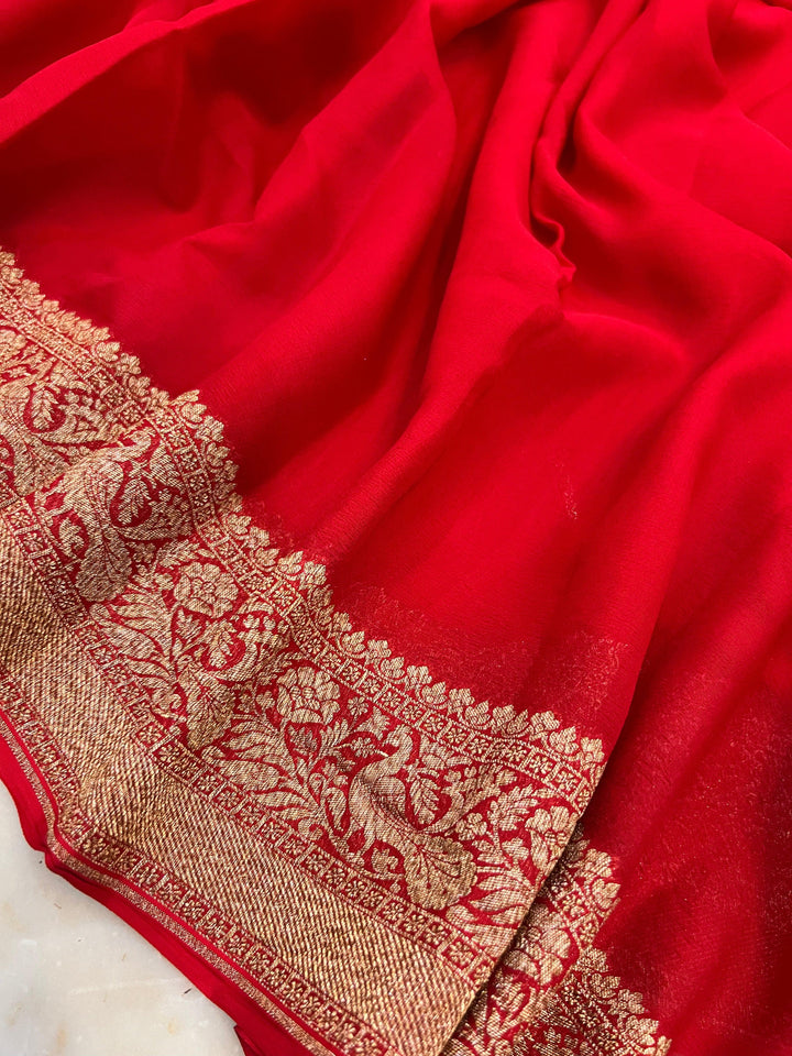 Red Pure Banarasi Khaddi Georgette Saree - Aura Benaras