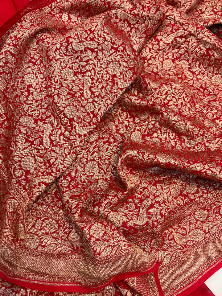 Red Pure Banarasi Khaddi Georgette Saree - Aura Benaras