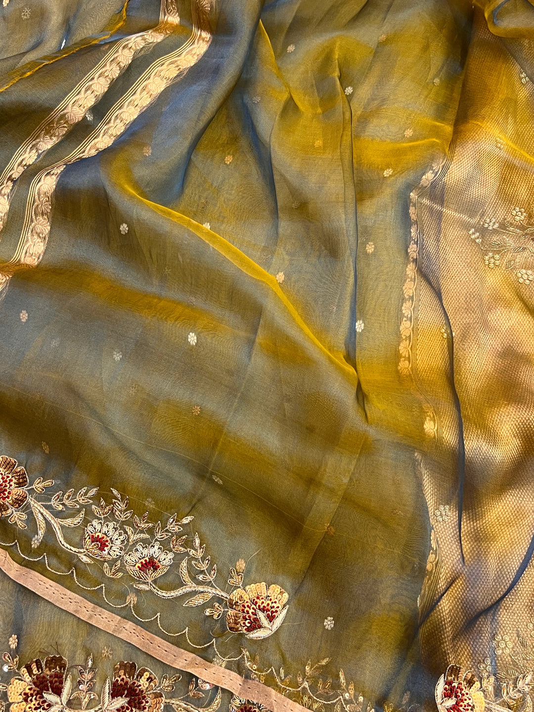 Olive Green Pure Tissue Silk Handloom Banarasi Saree