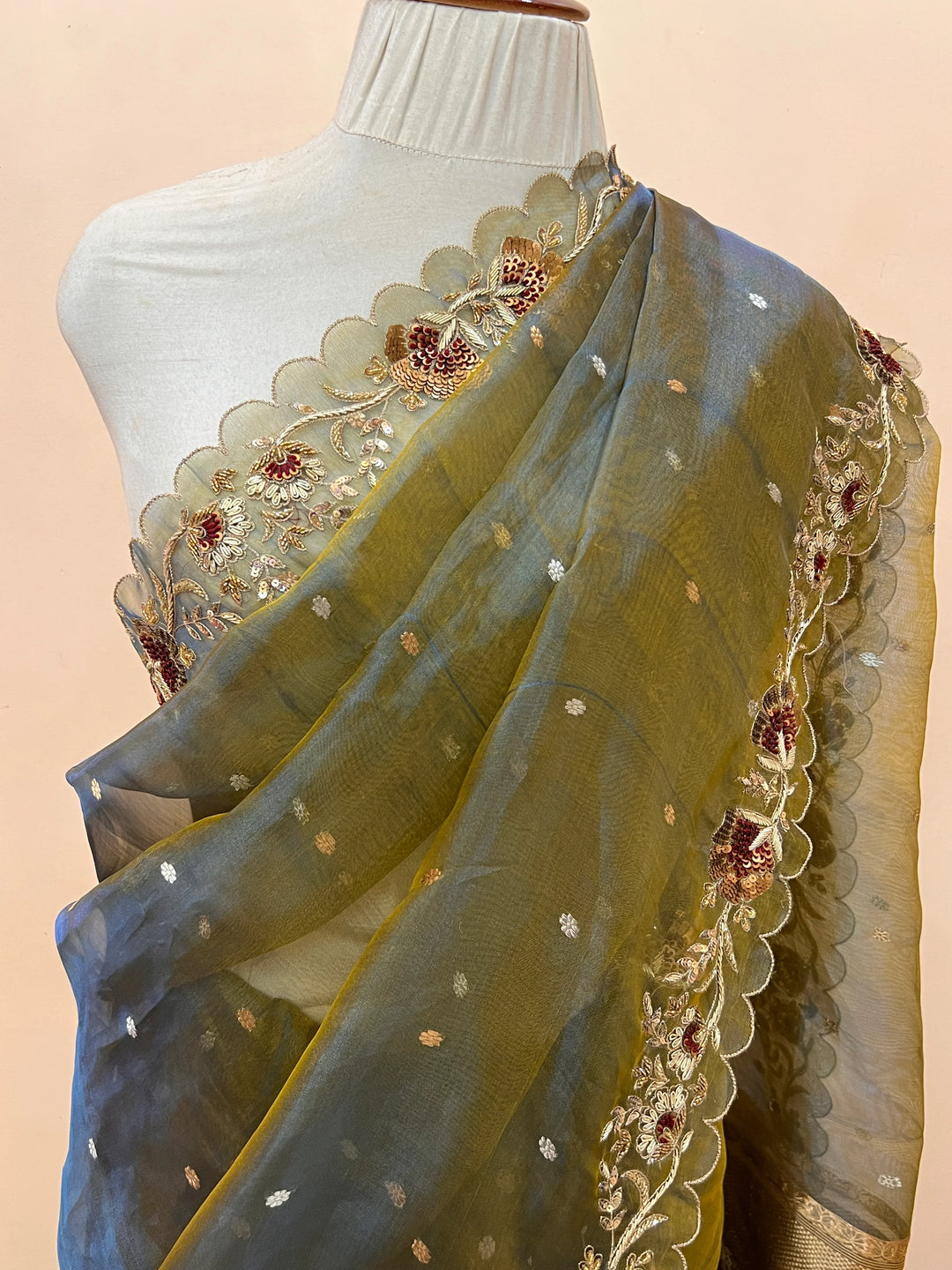 Olive Green Pure Tissue Silk Handloom Banarasi Saree