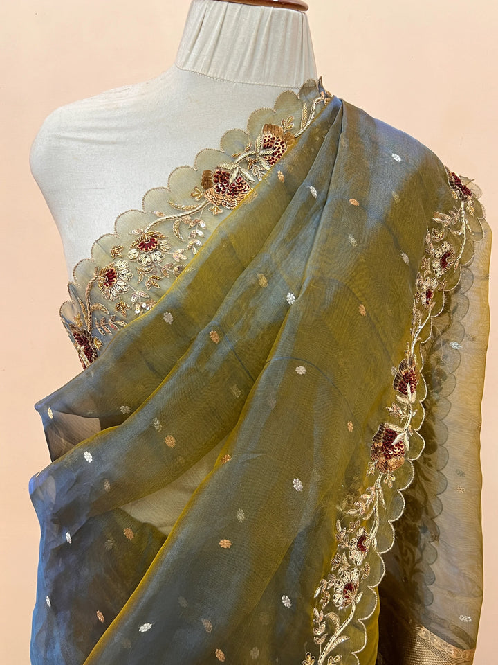 Olive Green Pure Tissue Silk Handloom Banarasi Saree