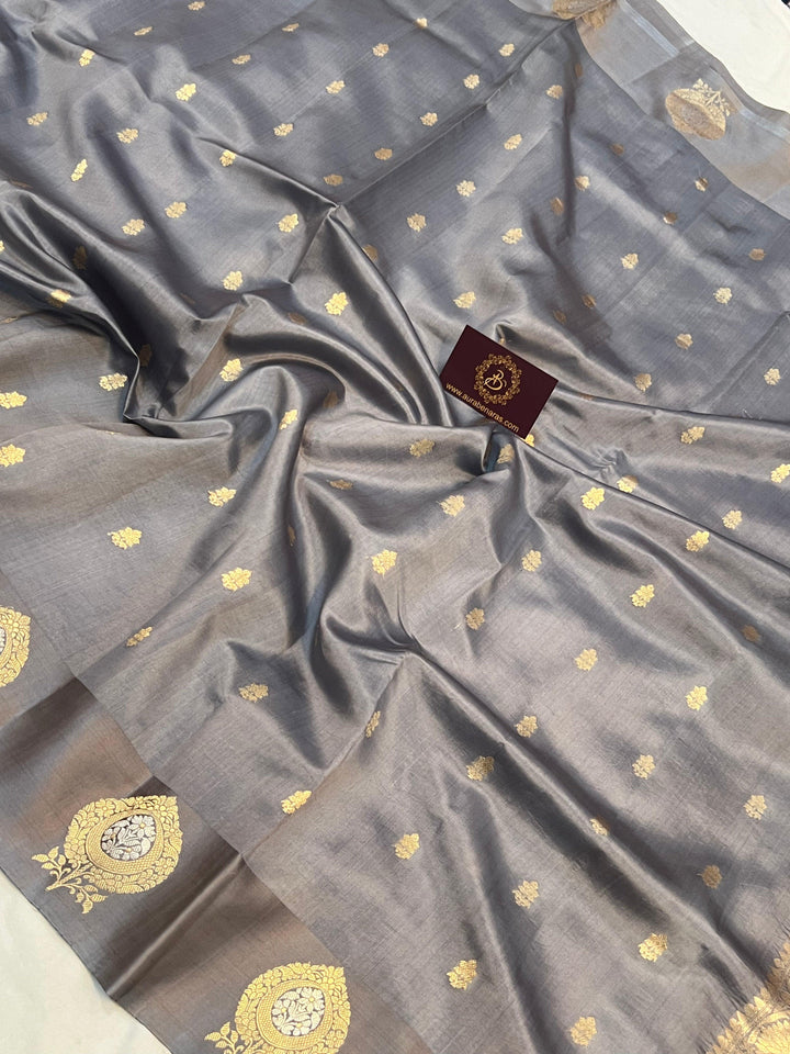 Grey Pure Banarasi Handloom Silk Saree - Aura Benaras