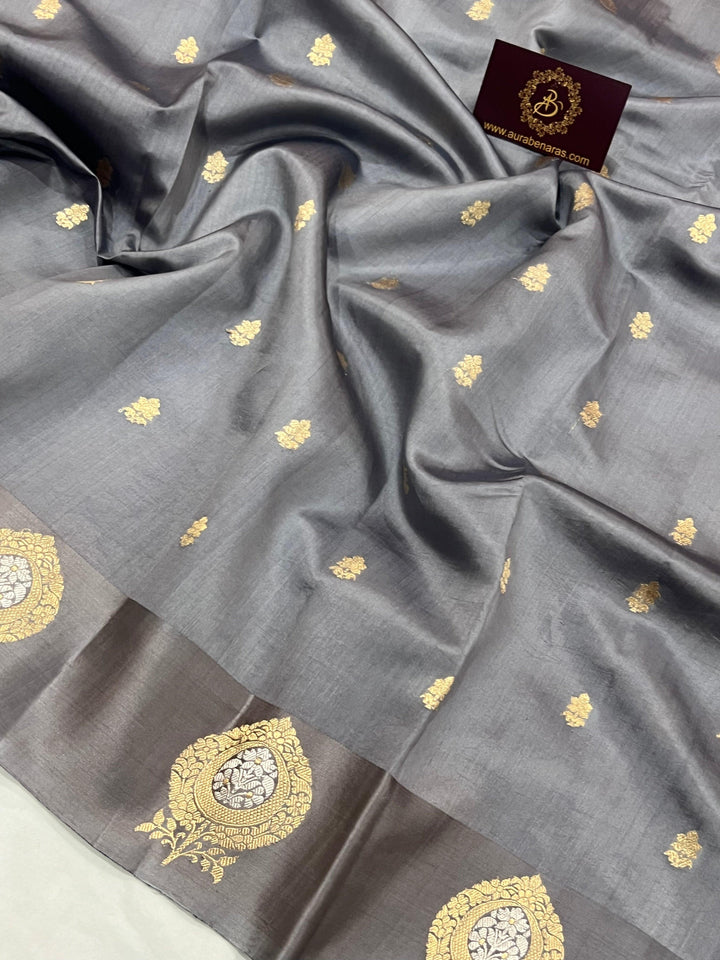 Grey Pure Banarasi Handloom Silk Saree - Aura Benaras