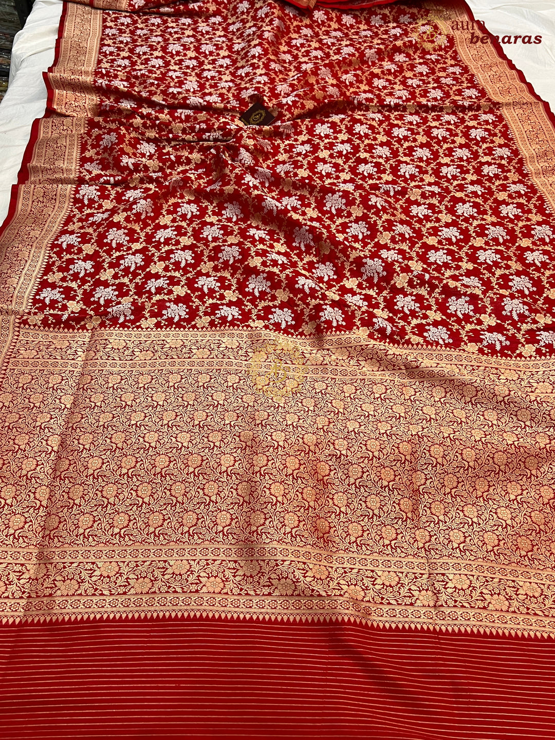 Red Pure Katan Silk Handloom Saree with Floral butas | Aura Benaras