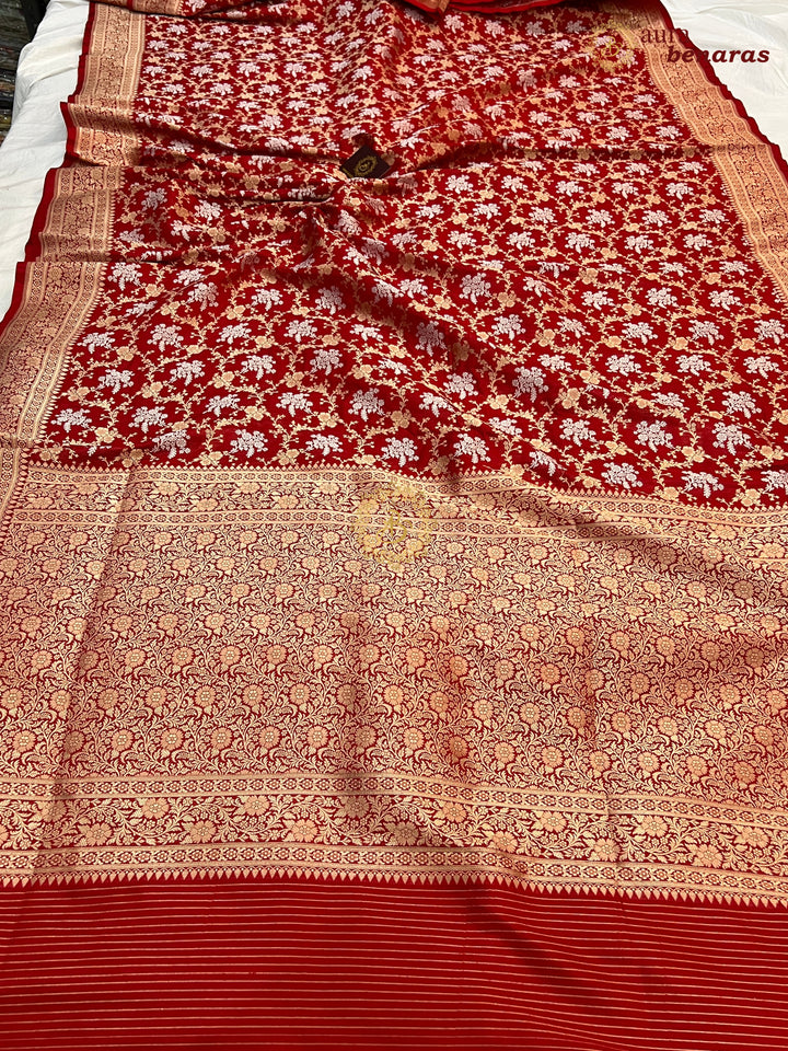 Red Pure Katan Silk Handloom Saree with Floral butas | Aura Benaras
