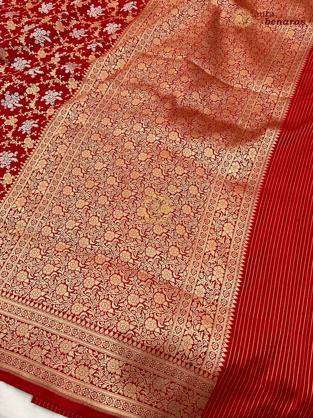 Red Pure Katan Silk Handloom Saree with Floral butas | Aura Benaras
