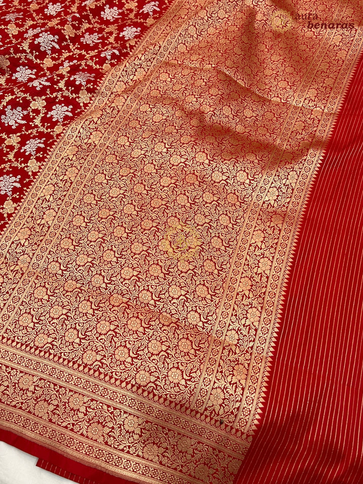 Red Pure Katan Silk Handloom Saree with Floral butas | Aura Benaras
