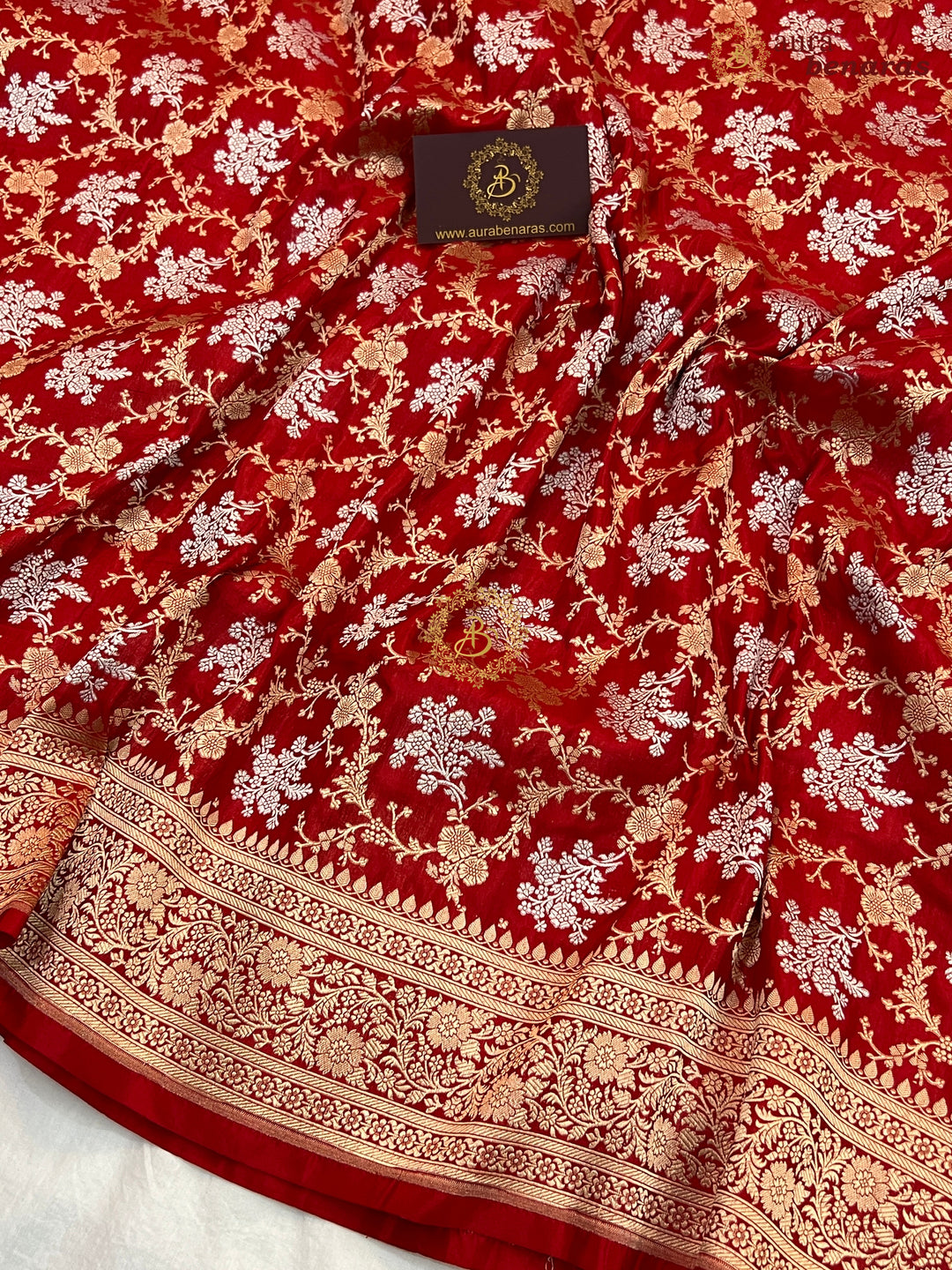 Red Pure Katan Silk Handloom Saree with Floral butas | Aura Benaras