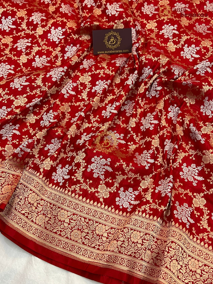 Red Pure Katan Silk Handloom Saree with Floral butas | Aura Benaras