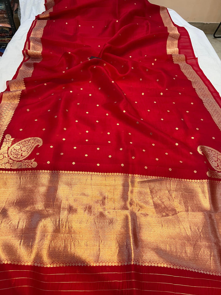 Pure Kora Silk Banarasi Saree draped with golden zari butis, sleek border, and woven Konia near the pallu