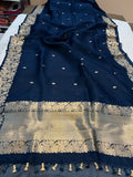 Teal Blue Banarasi Handloom Kora Silk Saree - Aura Benaras