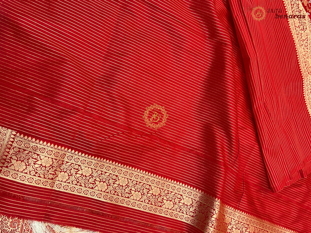 Red Pure Katan Silk Handloom Saree with Floral butas | Aura Benaras