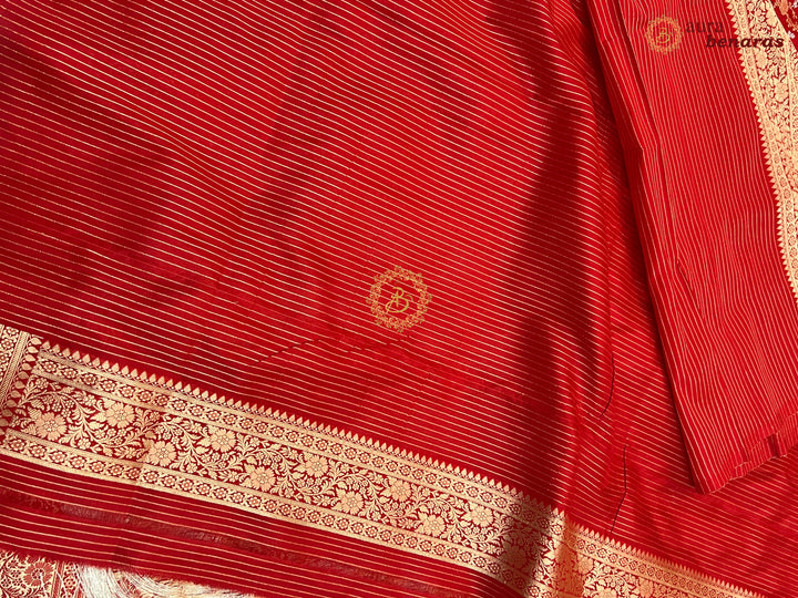 Red Pure Katan Silk Handloom Saree with Floral butas | Aura Benaras