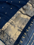 Teal Blue Banarasi Handloom Kora Silk Saree - Aura Benaras