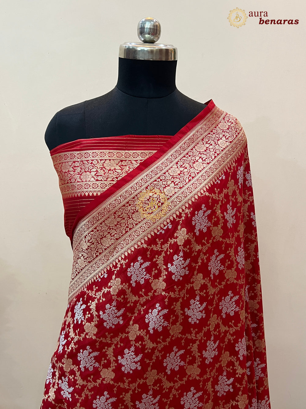Red Pure Katan Silk Handloom Saree with Floral butas | Aura Benaras