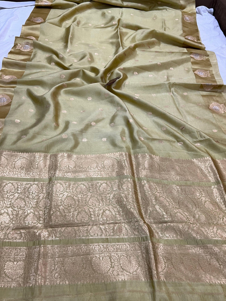 Pastel Olive Green Pure Banarasi Handloom Silk Saree - Aura Benaras