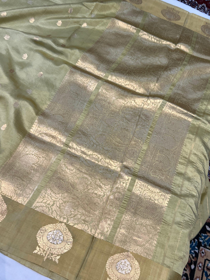 Pastel Olive Green Pure Banarasi Handloom Silk Saree - Aura Benaras