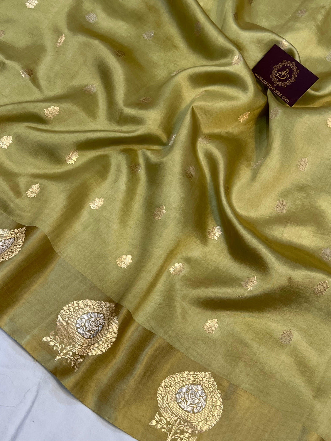 Pastel Olive Green Pure Banarasi Handloom Silk Saree - Aura Benaras