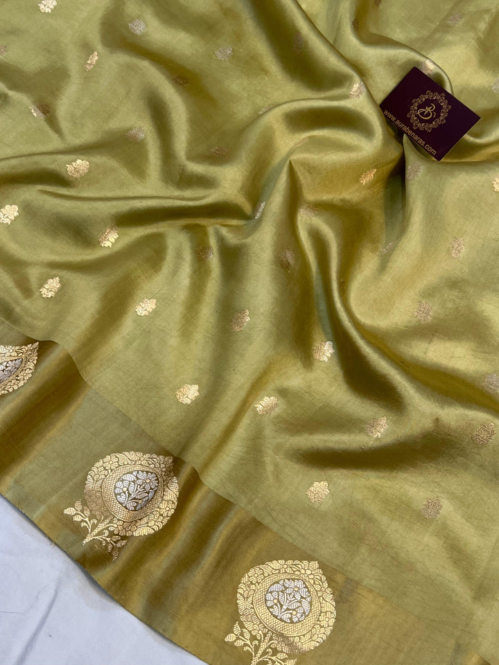 Pastel Olive Green Pure Banarasi Handloom Silk Saree - Aura Benaras
