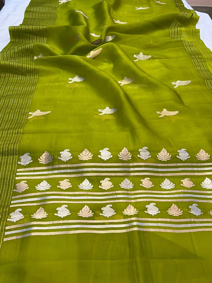 Handwoven Neon Green Kora Silk Banarasi saree with Kadwa Meenakari bird butas