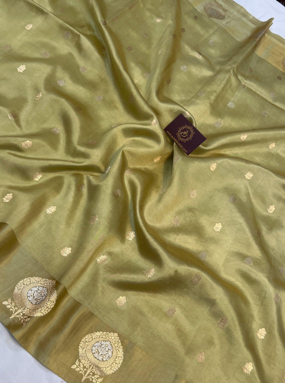 Pastel Olive Green Pure Banarasi Handloom Silk Saree - Aura Benaras