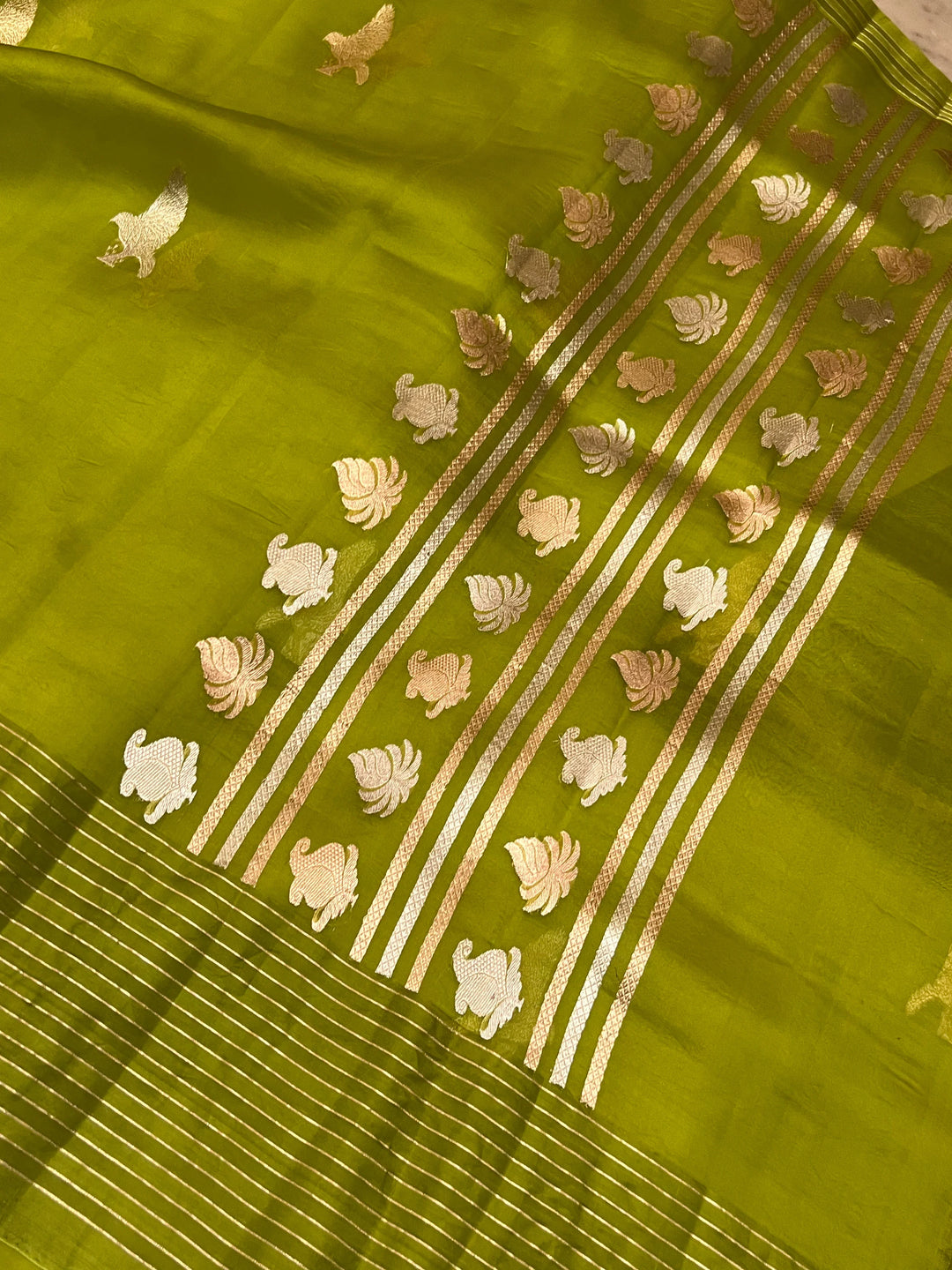 Handwoven Neon Green Kora Silk Banarasi saree with Kadwa Meenakari bird butas