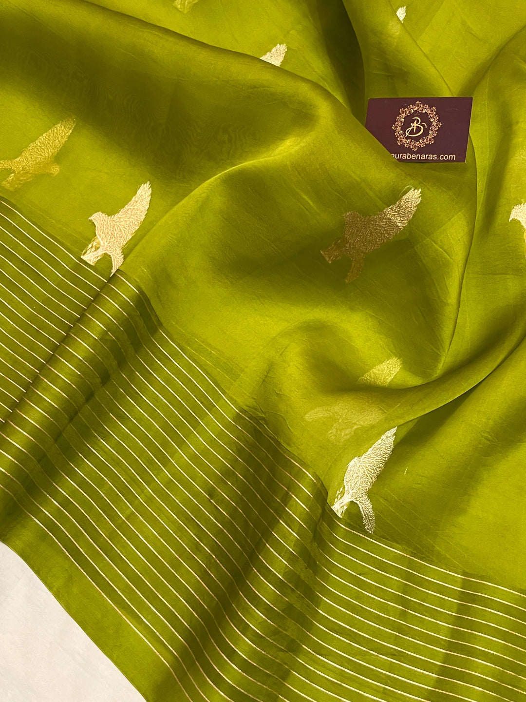 Handwoven Neon Green Kora Silk Banarasi saree with Kadwa Meenakari bird butas