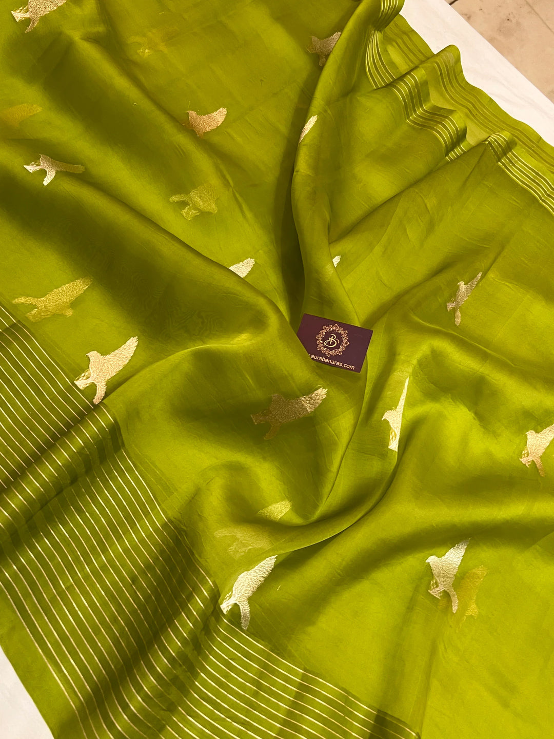Handwoven Neon Green Kora Silk Banarasi saree with Kadwa Meenakari bird butas