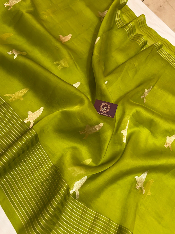 Handwoven Neon Green Kora Silk Banarasi saree with Kadwa Meenakari bird butas