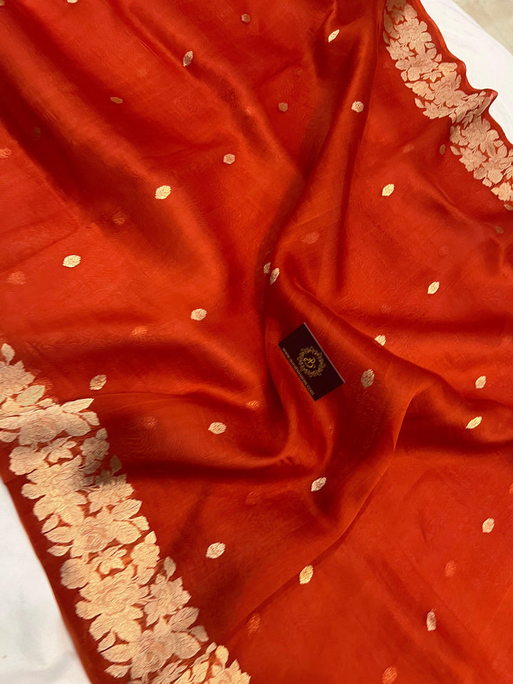 Orange Banarasi Handloom Kora Silk Saree - Aura Benaras