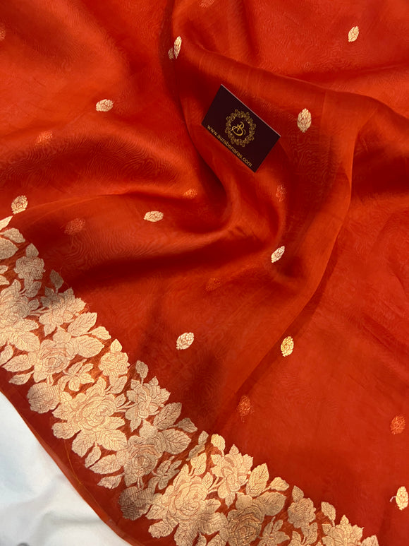 Orange Banarasi Handloom Kora Silk Saree - Aura Benaras