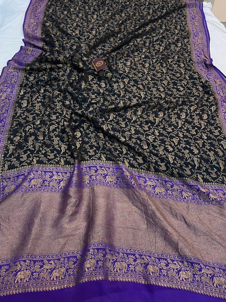 Black Pure Crepe Silk Handloom Banarasi Saree